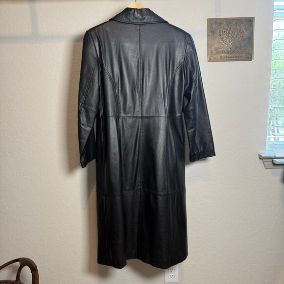 Women's Winlit Long Black 100% Leather Button Front Coat Size Medium - Picture 9 of 9